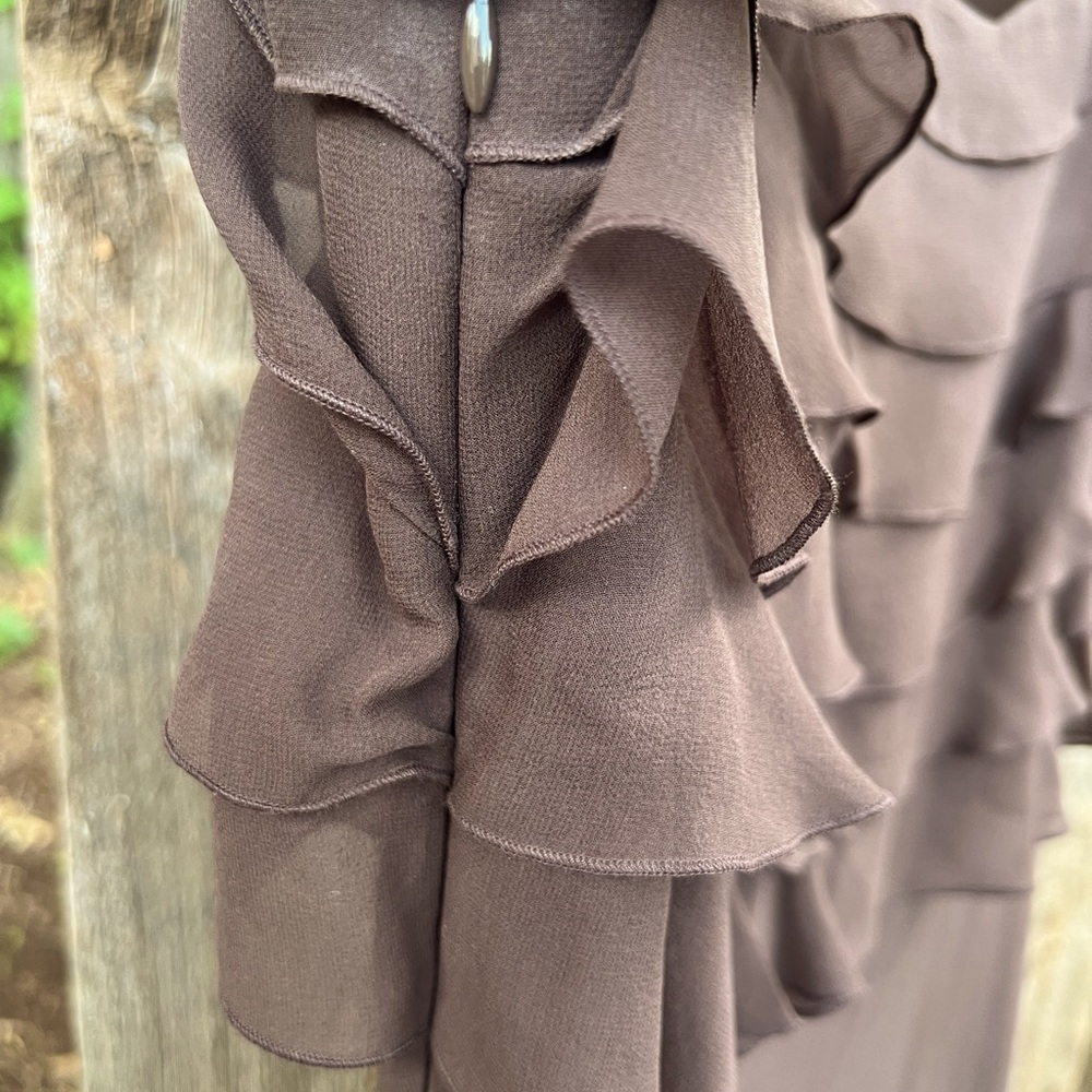 Max & Cleo brown sleeveless silk dress with ruffled bodice in Size 10, lined - Picture 8 of 11